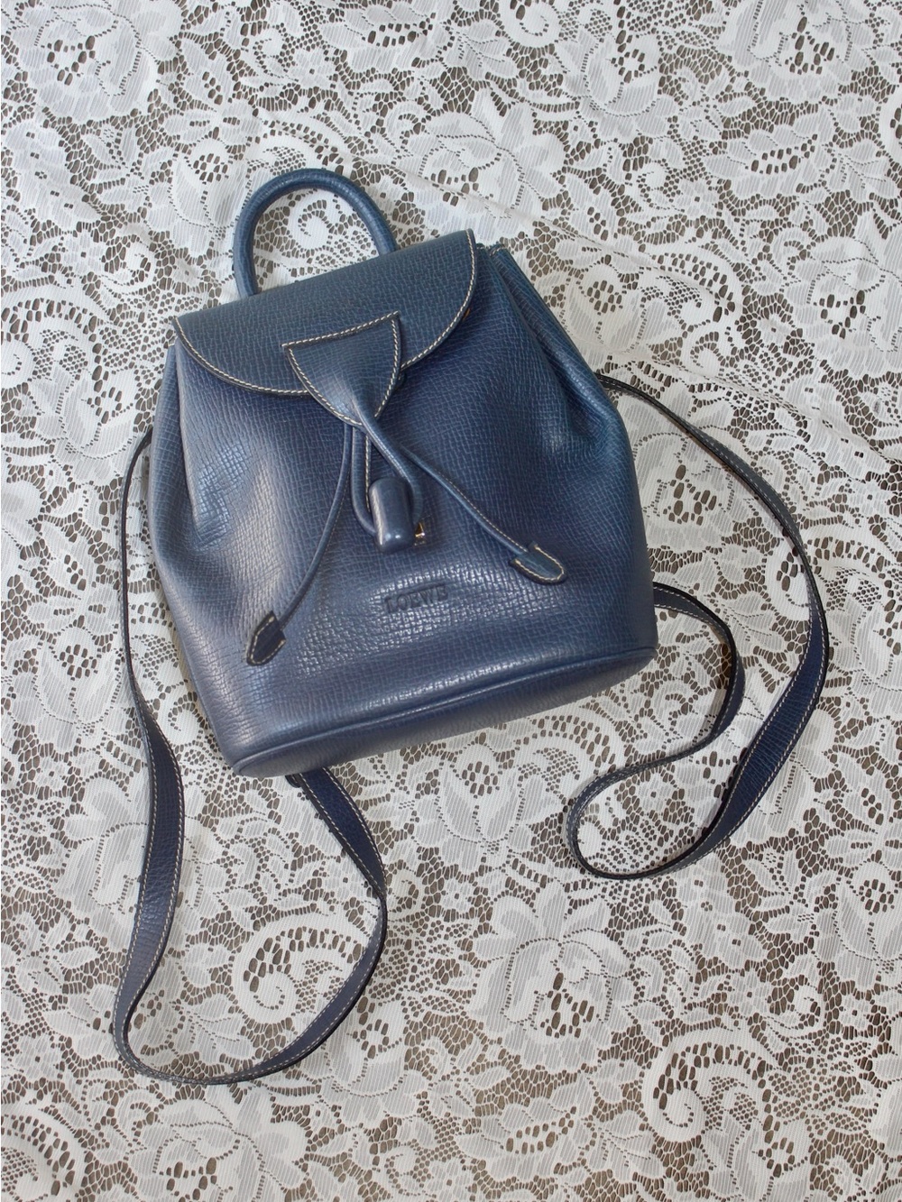 LOEWE Vintage Grained Leather Bucket Drawstring Backpack in Navy + COA